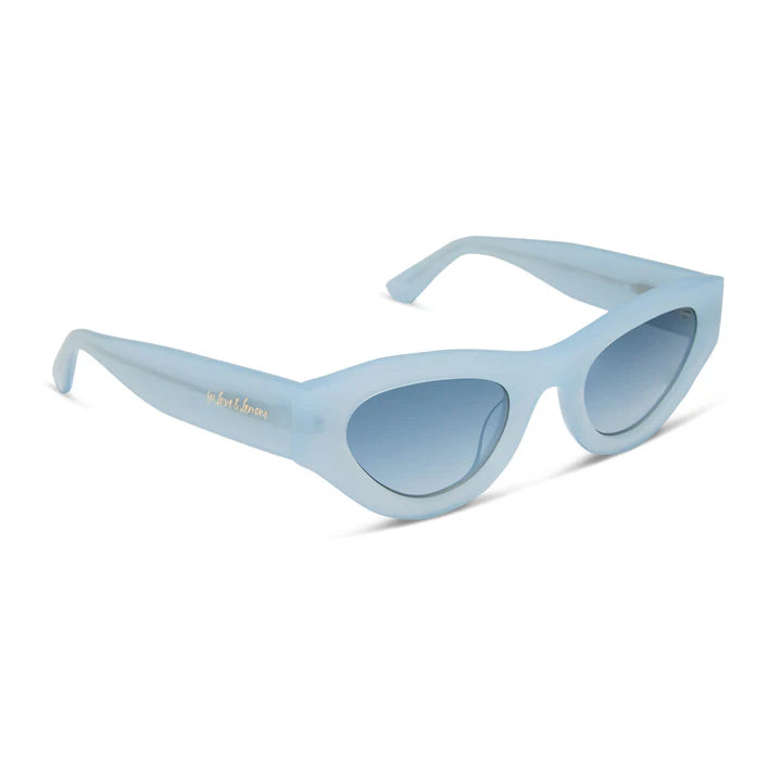 Pastel blue sunglasses with blue gradient lenses on white background