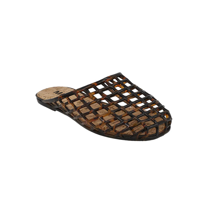 A single brown and black woven mesh slide sandal with a cork-textured footbed, shown from a three-quarters angle on a plain white background.