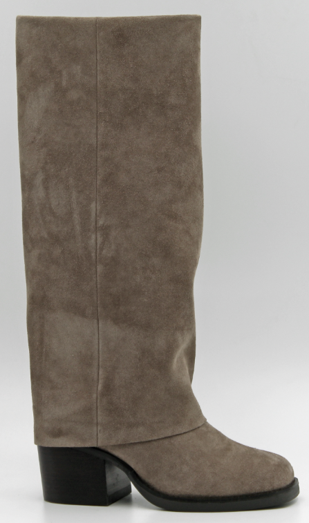 Taupe suede boot with a chunky heel on white background