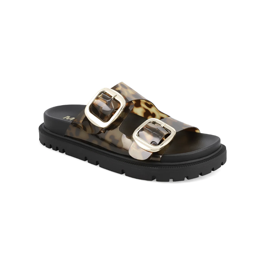 Tortoise jelly sandal with black bottom on white background
