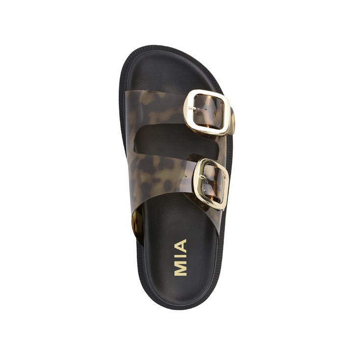 A single black double-strap slide sandal with a translucent brown and black leopard print strap and gold-tone buckles, featuring the brand name &