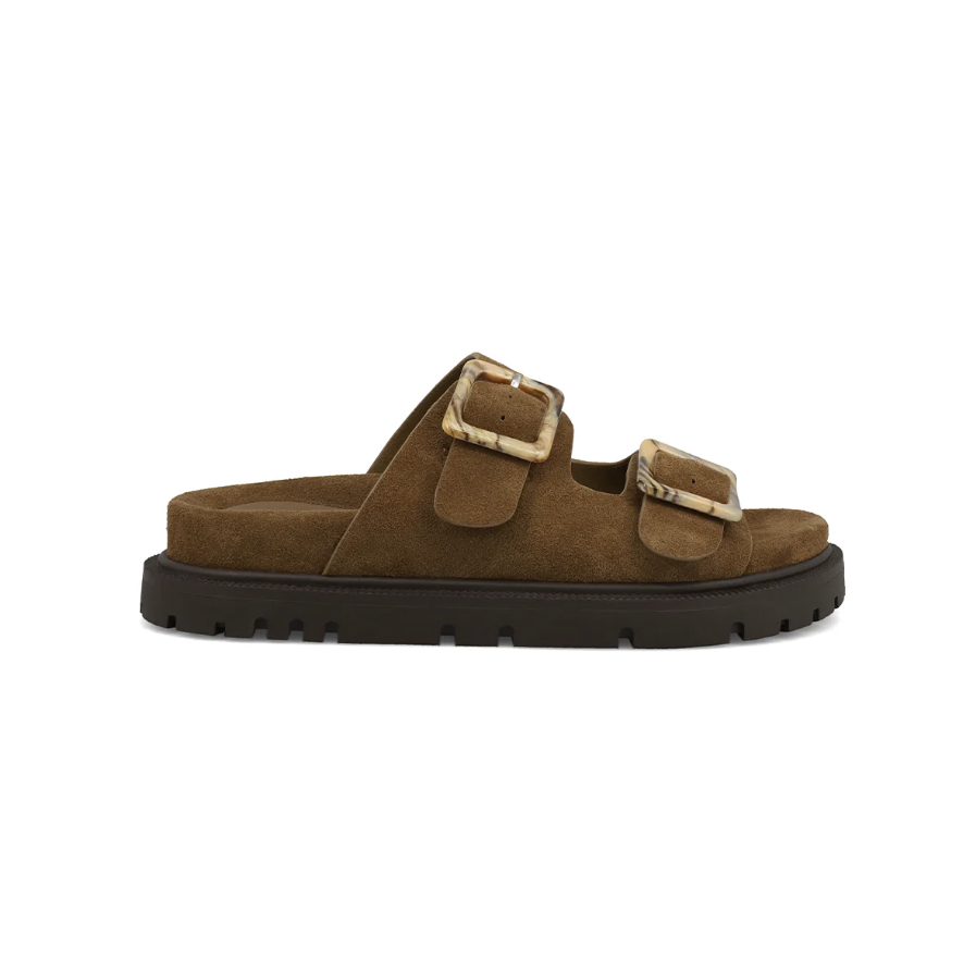 A single brown double-strap slide sandal with gold-tone buckle details and a black sole, shown in profile against a plain white background.