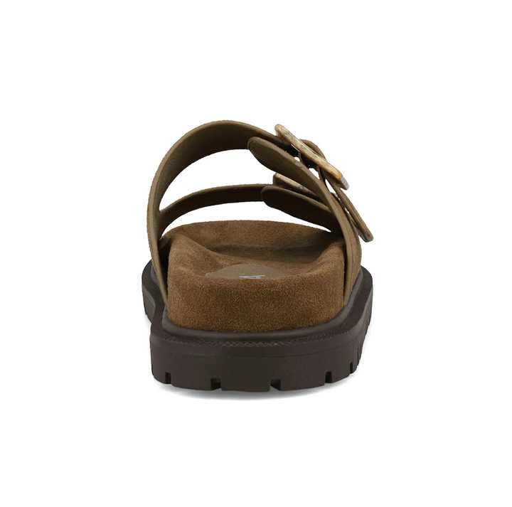 A single brown slide sandal with a wide strap featuring a decorative buckle detail, shown from a rear three-quarter view on a plain white background.