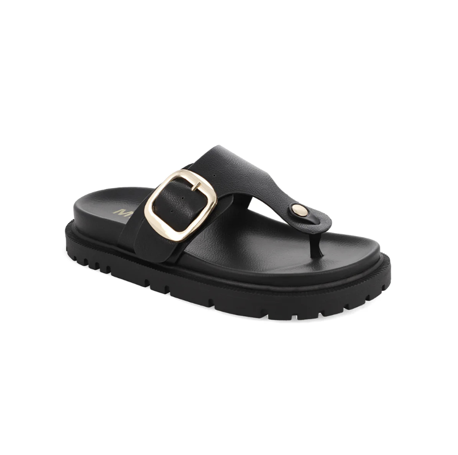 A single black thong sandal with a wide strap featuring a prominent gold-tone square buckle and a small gold rivet, set against a plain white background.