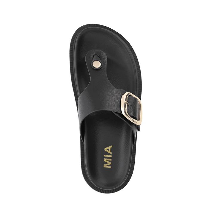 A single black thong sandal with a gold-tone buckle and gold &