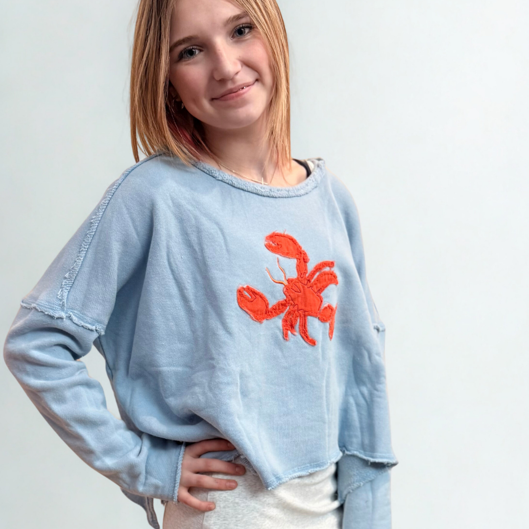 Person wearing a light blue sweatshirt with a red crab design on a plain background