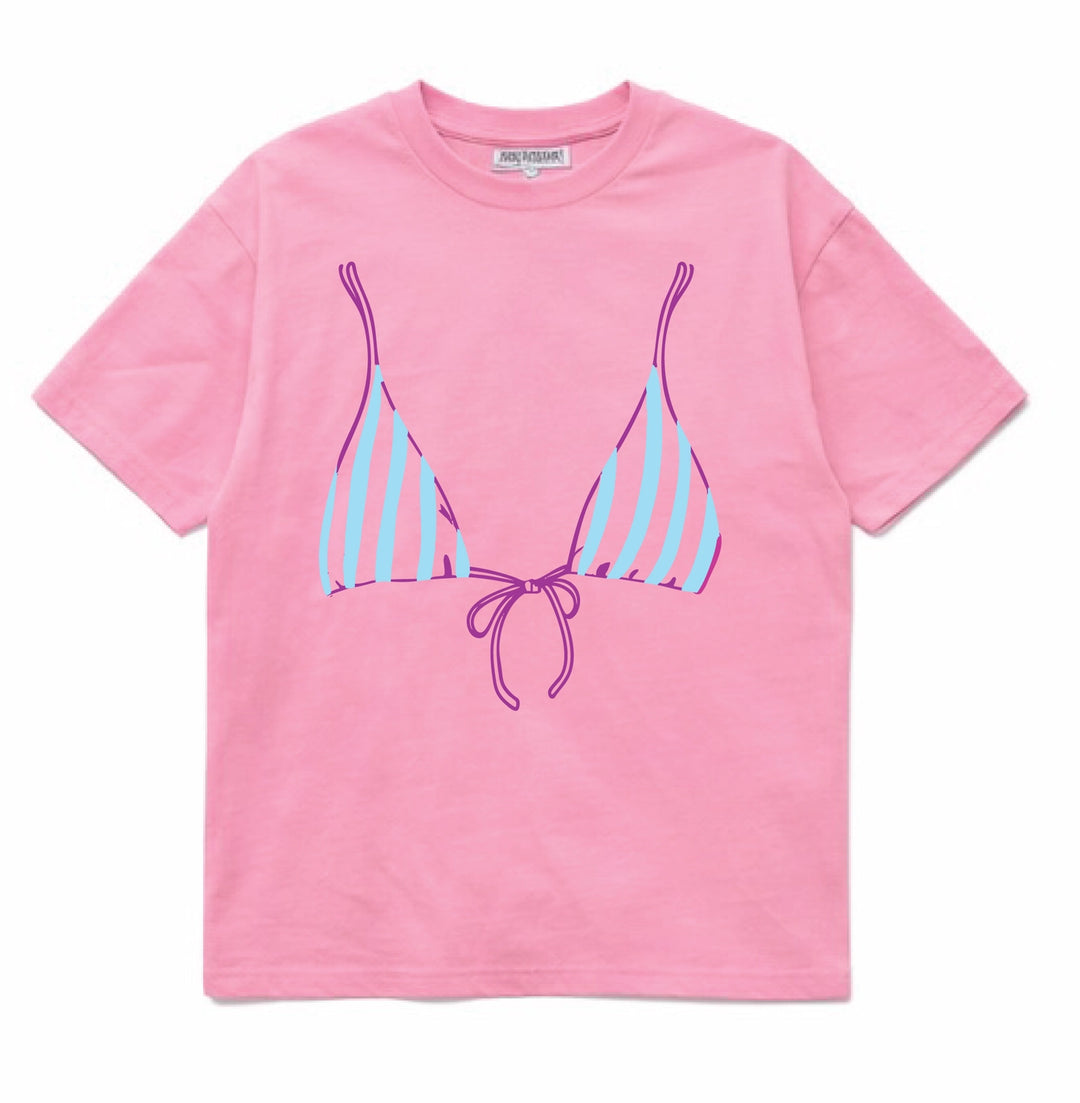 Pink t-shirt with a bikini graphic on a white background