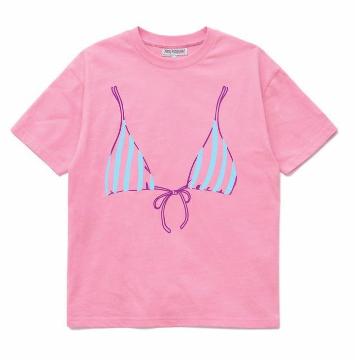 Pink t-shirt with a bikini graphic on a white background