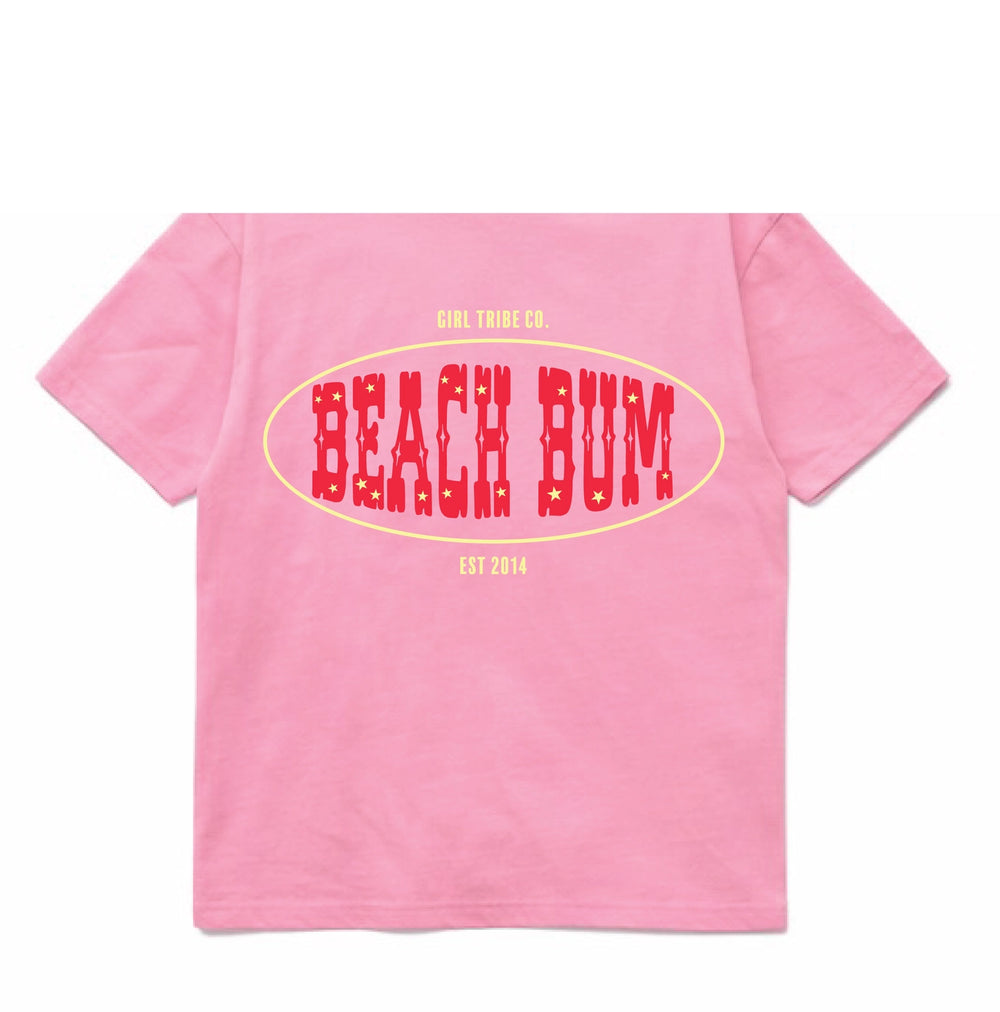 Pink t-shirt with 'Beach Bum' text on a white background