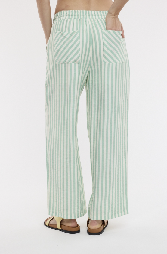 Woman wearing green stripe pants on white background
