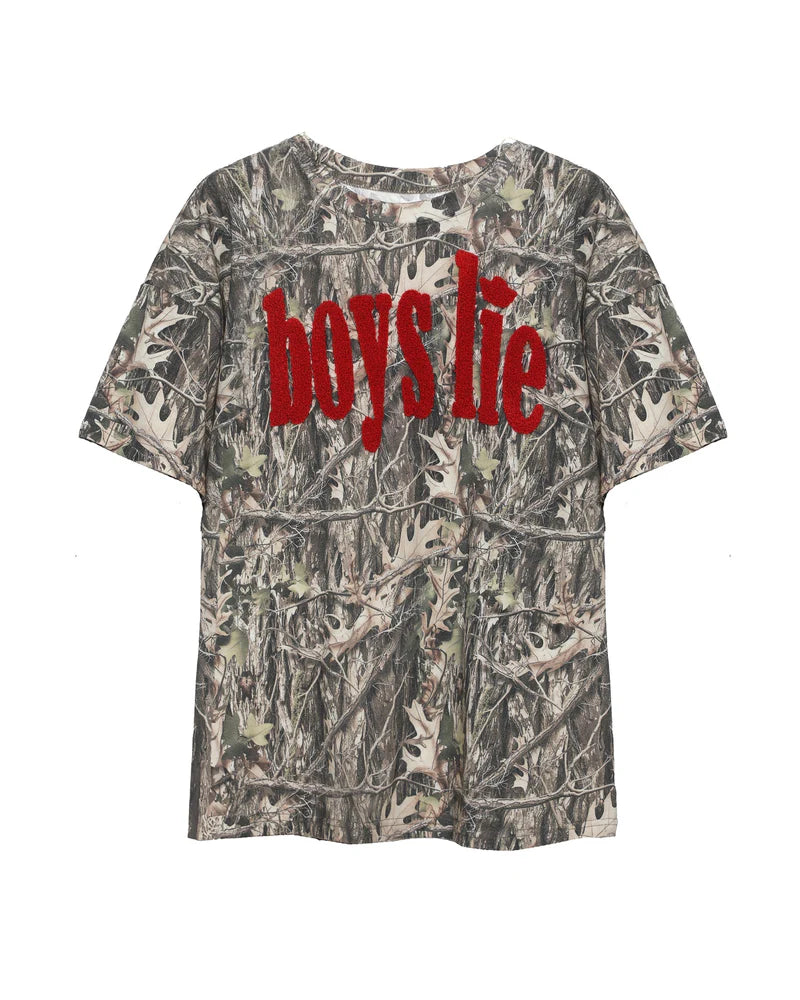Camouflage tee with 'BOYS LIE' on front on plain background