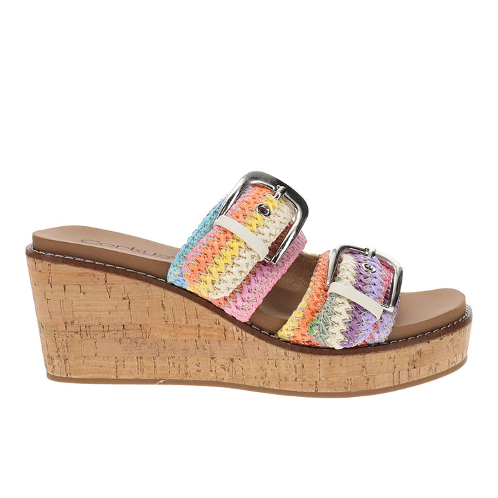 Multicolored woven wedge sandal on a white background