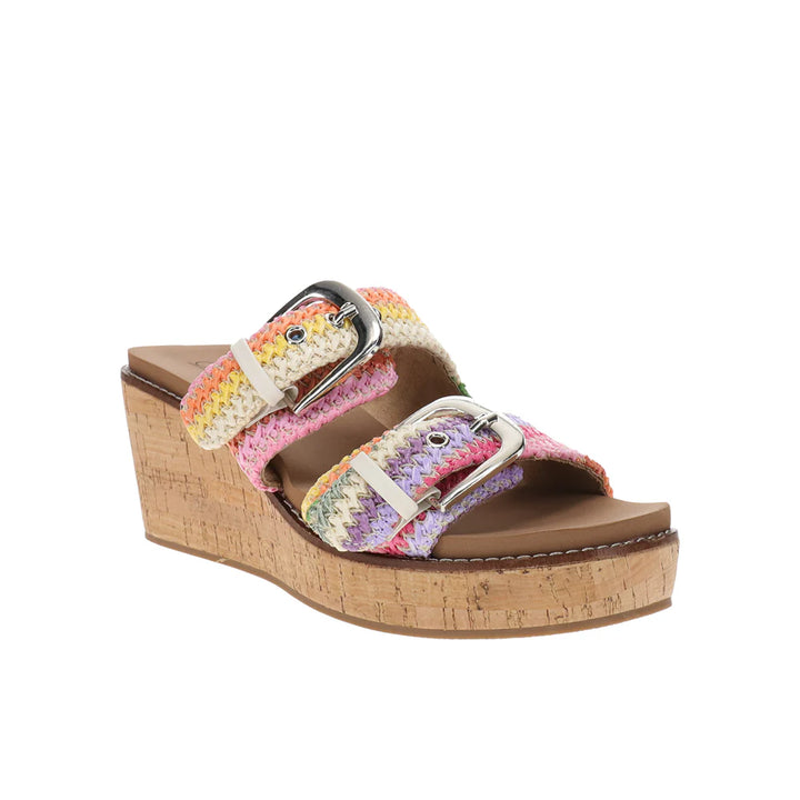 colorful wedge sandal with cork heel on white background