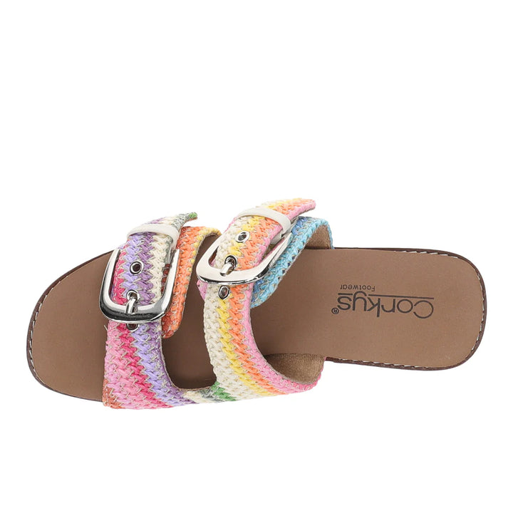Multicolored sandal with a buckle on a white background
