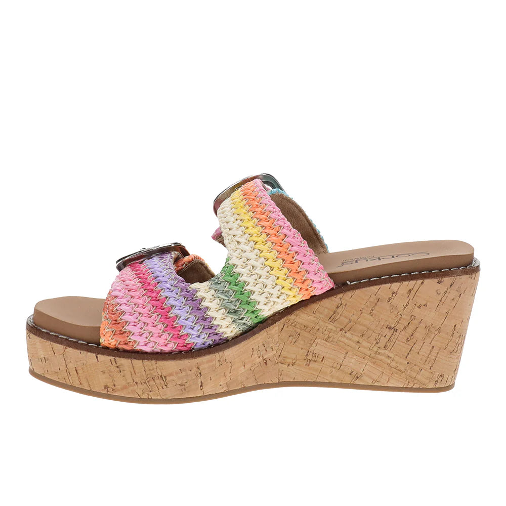 Multicolored woven wedge sandal on a white background