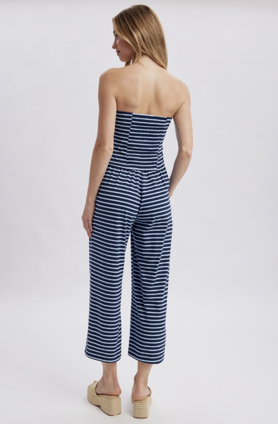 Woman wearing navy stripe set on white background