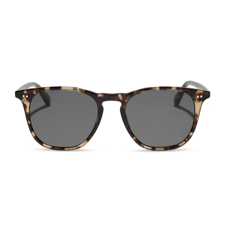 Sunglasses with tortoiseshell frame and dark lenses on a white background