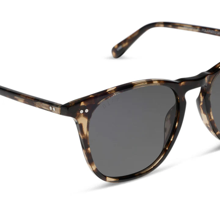 Sunglasses with tortoiseshell frame and dark lenses on a white background