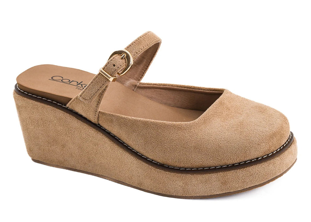 Single camel suede wedge on white background