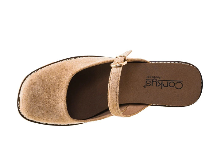 Single suede wedge shoe on plain white background
