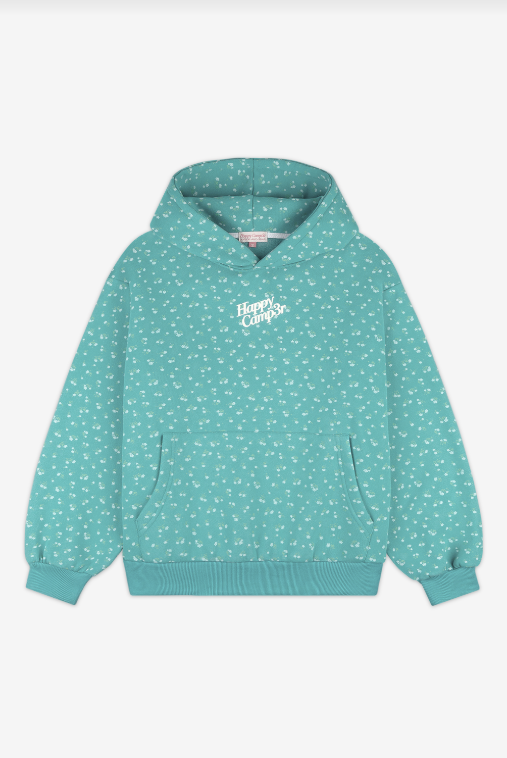 Teal hoodie with white pattern on a light gray background