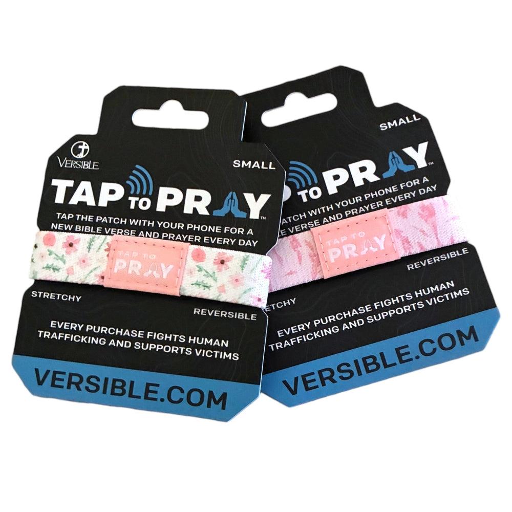 Two packages of 'Tap to Pray' wristbands with floral and solid designs on a white background.