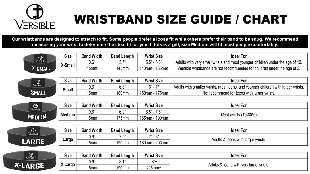 Versible wristband size guide chart with band width, length, and wrist size recommendations.