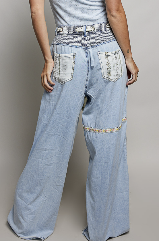 Light blue wide-leg jeans with decorative stitching on a plain background