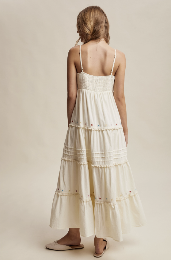 A woman viewed from behind wearing a long cream maxi dress with thin straps, a smocked bodice, and tiered ruffle details with small embroidered dots, paired with beige flat sandals against a warm beige studio background.