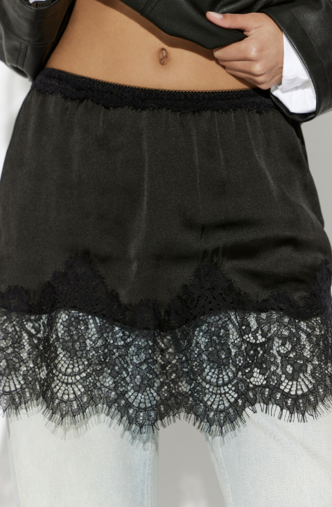 Black lace-trimmed shorts worn by a person against a neutral background