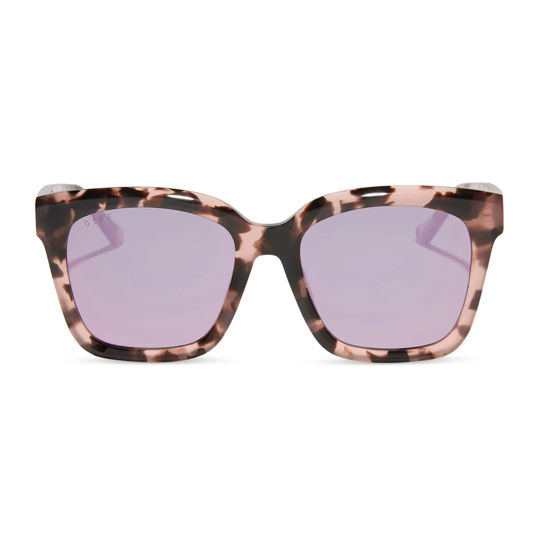 Sunglasses with tortoiseshell frame and purple lenses on a white background