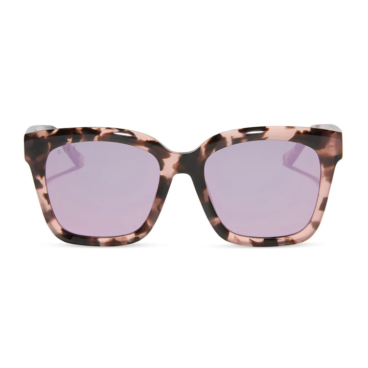 Sunglasses with tortoiseshell frame and purple lenses on a white background