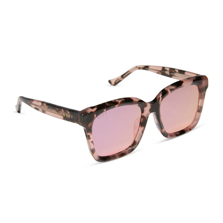 Sunglasses with tortoiseshell frame and pink lenses on a white background