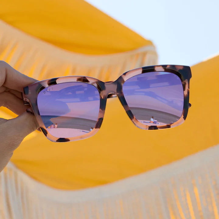 Sunglasses with reflective purple lenses held by a hand against a yellow background