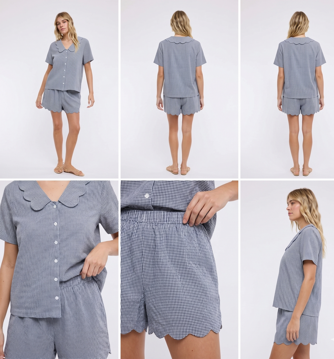 woman wearing matching gingham short and top set on plain background