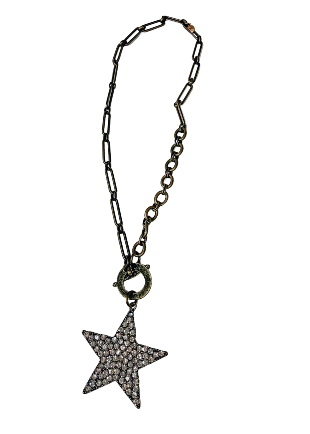 Gold chain necklace with large star pave pendant on white background