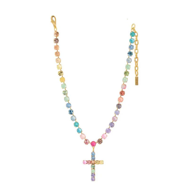 Necklace with colorful beads and a cross pendant on a white background
