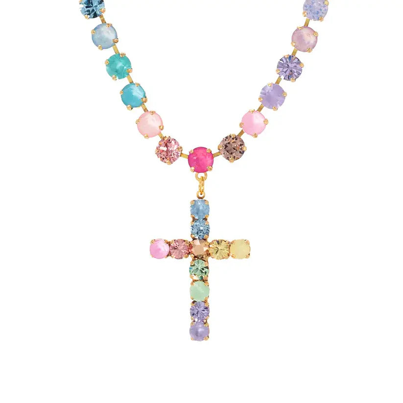 Necklace with colorful beads and a cross pendant on a white background