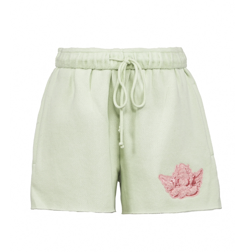 Mint sweat shorts with pink cherub embroidery on white background