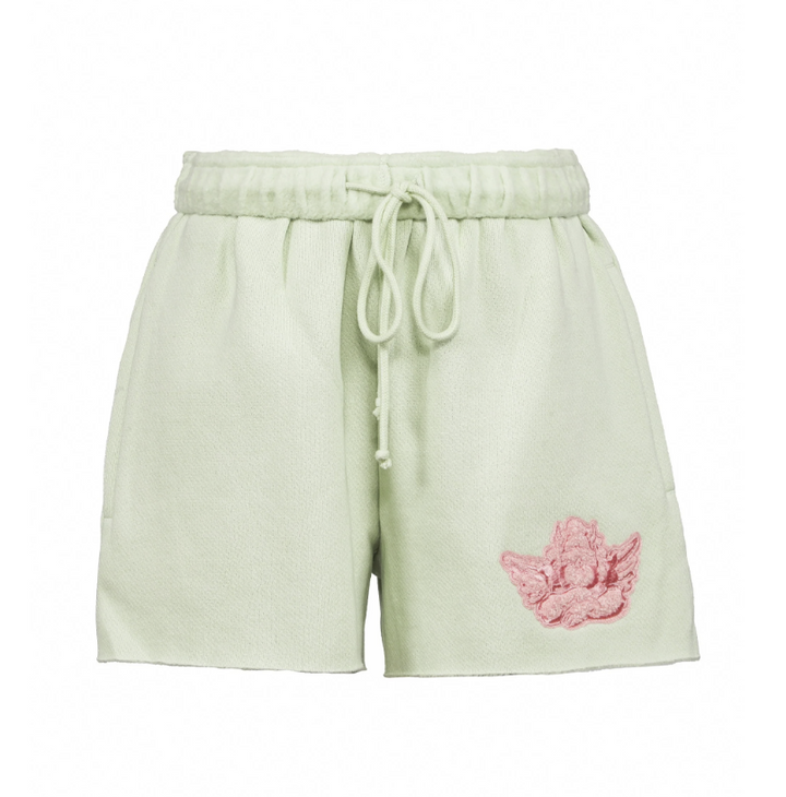 Mint sweat shorts with pink cherub embroidery on white background