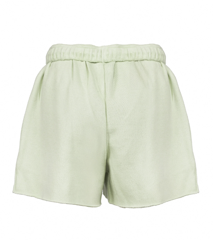 Light sage green shorts with an elastic waistband, shown from the back on a plain white background.