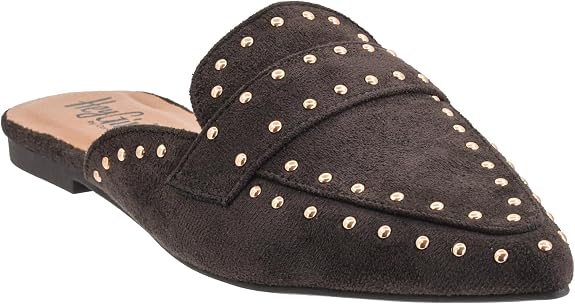 A dark brown suede mule slipper with gold-tone metal studs, shown from a three-quarters angle on a white background.