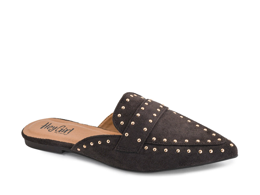 Brown suede studded mule on white background