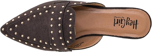 A single dark brown pointed-toe slip-on mule shoe with metallic stud embellishments on the toe strap, shown against a plain white background. The brand name &