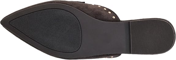Top-down view of a pointed-toe flat shoe sole in black rubber with a textured tread pattern and small metallic studs along the edge.