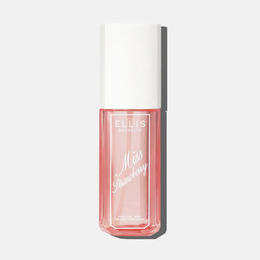 Ellis Brisbane Miss Strawberry Handmade Wax in a clear rectangular bottle showing the pink wax inside, topped with a white cap, on a light gray background.