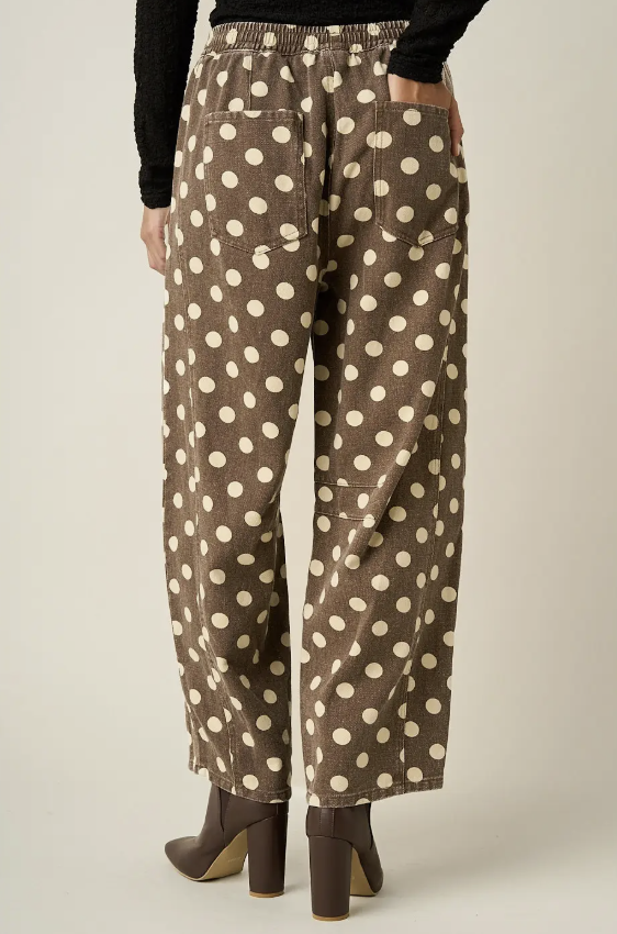 Brown wide-leg corduroy pants with a cream polka dot pattern, shown from the back on a model wearing a black long-sleeve top and brown block-heel boots.