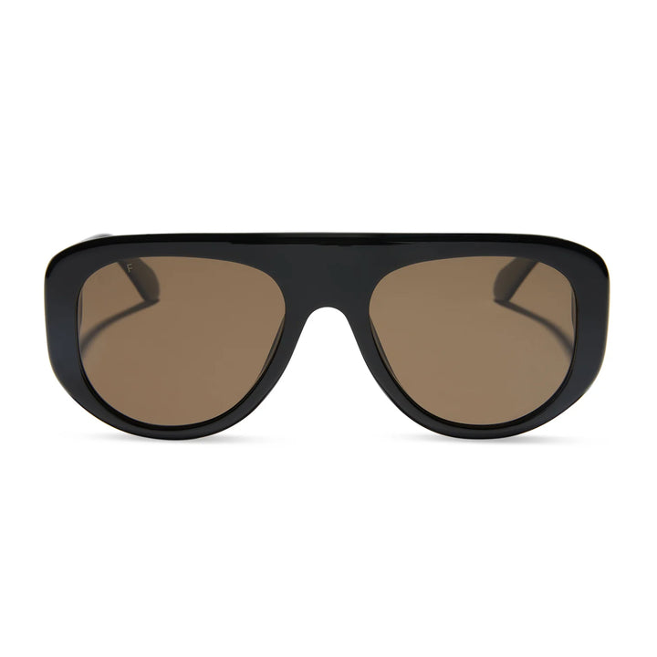 Black sunglasses with brown lenses on a white background