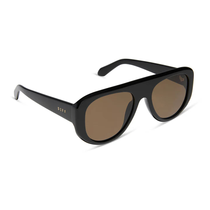 Black sunglasses with brown lenses on a white background