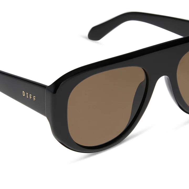 Black sunglasses with brown lenses on a white background